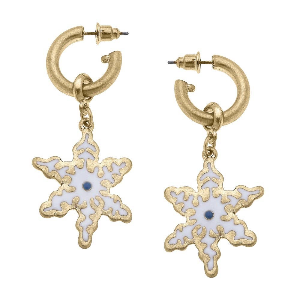 White Enamel Snowflake Cookie Dangle Drop Hoop Earrings
